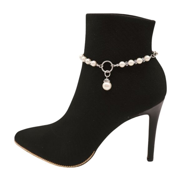 Women Silver Metal Chain Boot Bracelet Shoe SET Cream Imitation Pearl Charm PAIR - Picture 12 of 17